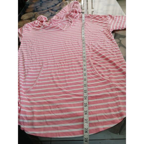T by Talbots UPF 50+ Pink White Stripe Hoodie Beach Cover up 3/4 Sleeve Large - Picture 5 of 11